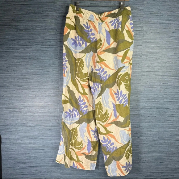 Tahari Women's 100% Linen Wide Leg Cropped Pants Size Small White Gray Palm Leaf - Picture 2 of 4